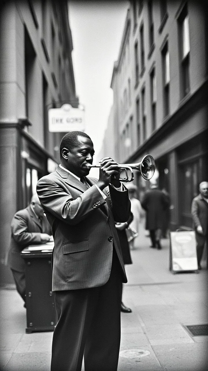 An old picture style of black and white mono very bad quality looks very old camera picture with cracks of the singer Louis Armstrong in New along witrump in York street year 1900