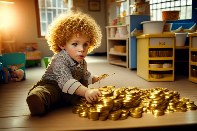 a curly-haired blond boy counts money and stacks gold coins in a modern nursery, in sunshine