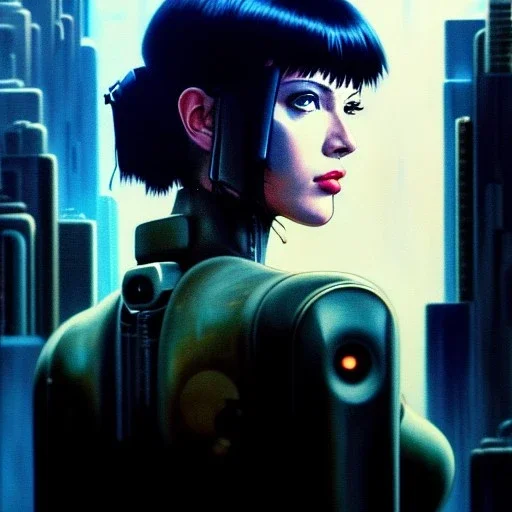 fullbody portrait in oil on canvas ,beautiful female robot, ominous, intense stare, sad eyes, post-apocalyptic in a cyberpunk city, ghost in the shell, Akira, BladeRunner movie poster, masterpiece, realistic, intricate detail, sci-fi fantasy style, volumetric lighting, particles, highly detailed ,cinamatic , deep colours,8k, by Caravaggio