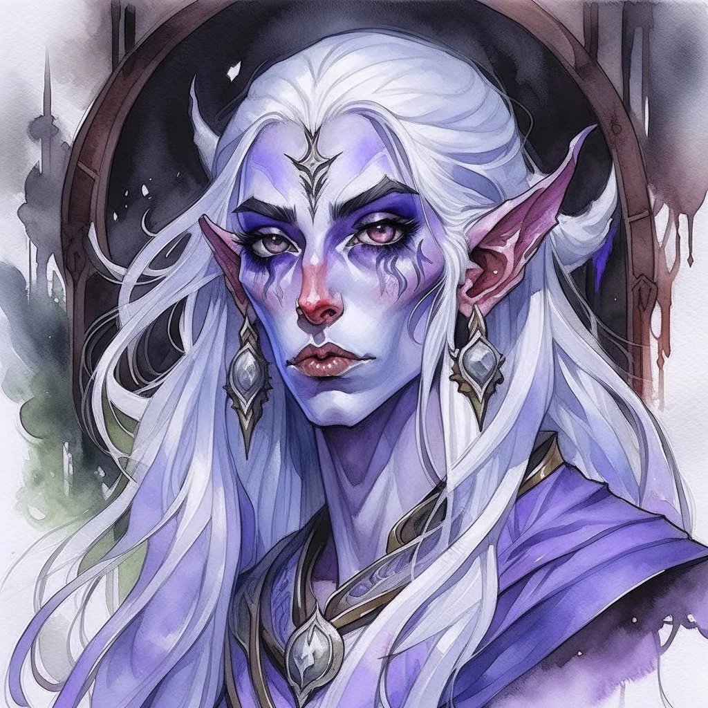 dnd, fantasy, watercolour, large strokes, stylistic, portrait, illustration, dull colours, woman, dark elf, drow, face, narrow long face, exaggerated face, cruel face, cold demeanor, purple eyes, piercing eyes, angry expression, white hair, very long hair streaming down the shoulders, lush hair, elegant, short small mouth, cruel smile