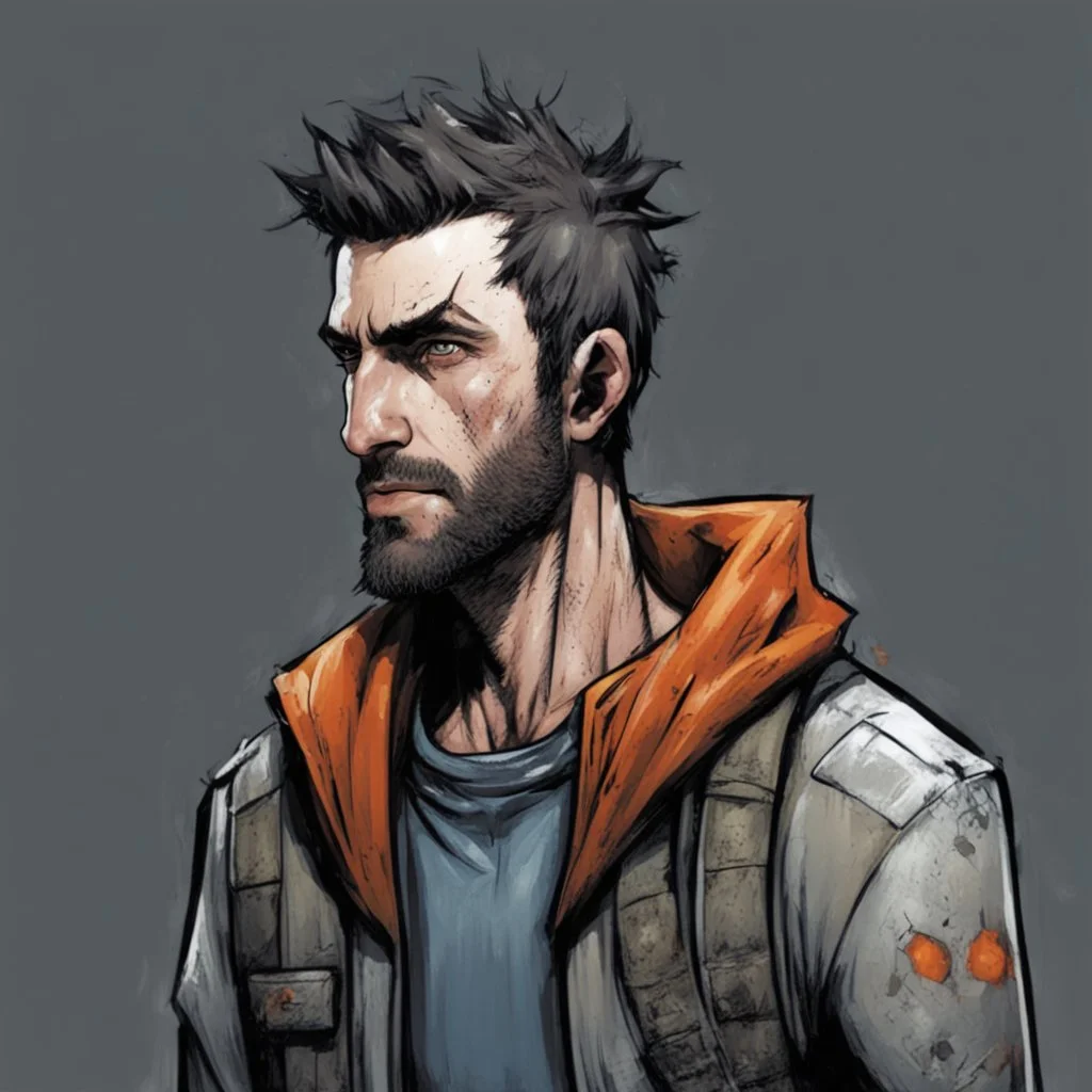 man,, looking serious, comic book, post-apocalypse, grey background