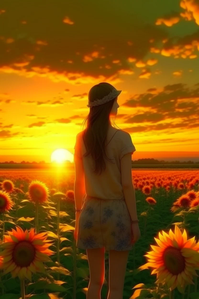 At sunset turn this into a beautiful sunflower scenery, magical, painting quality 8K , a woman standing in the middle watching the sunset