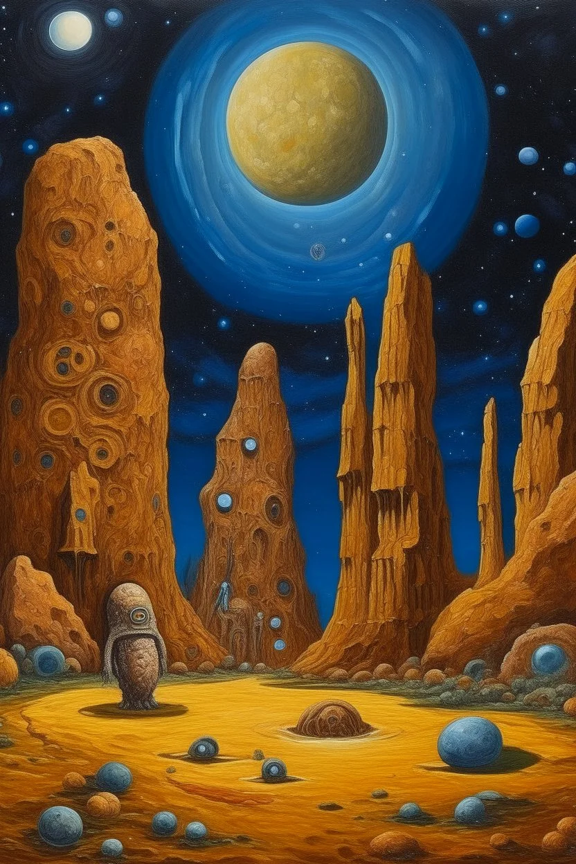 A brown outer space with magnetic asteroids designed in Moai statues painted by Vincent van Gogh