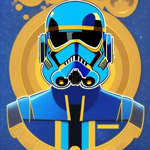 trés beau capitaine galactique, star wars style, avec costumes bleu et or , arrière fond bleu galactique étoilés, casque