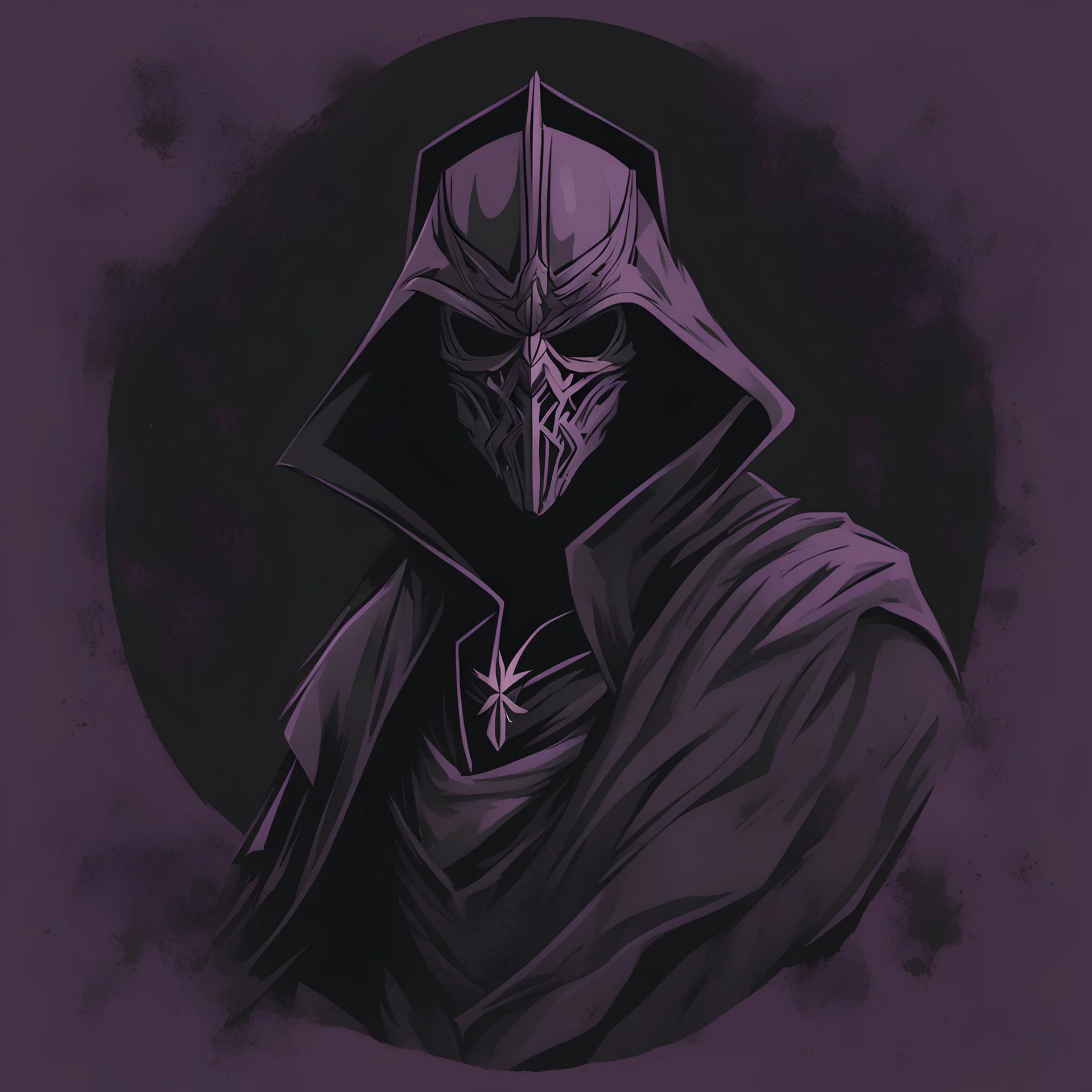 warlock, black mask with ash purple patterns, black robe with ash purple patterns, dark, ominous, ash purple, grey background, profile picture, simplistic design