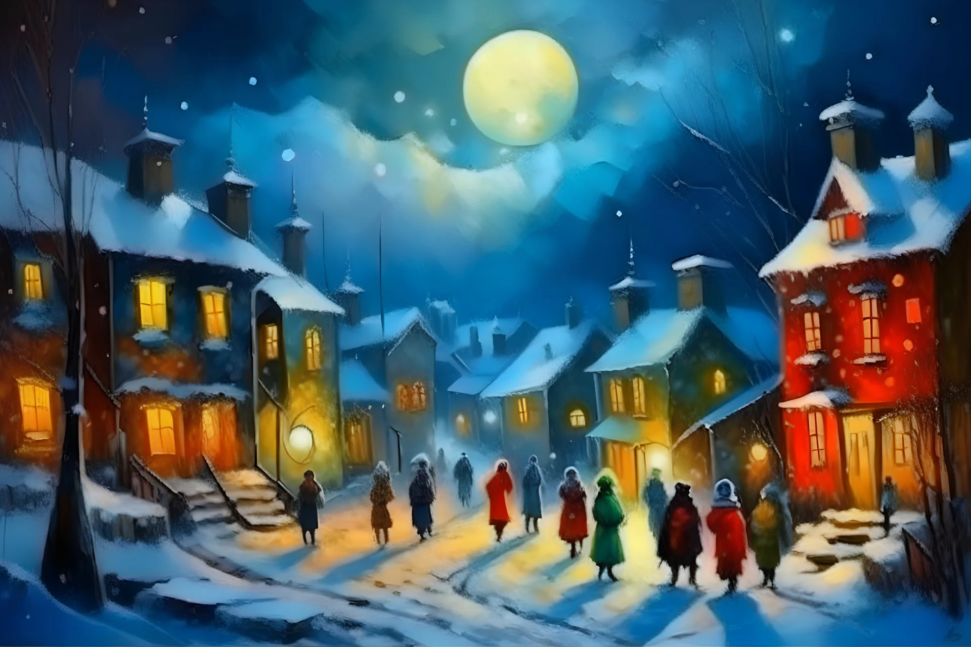 oil paint, people walking at night on a snowy village, Christmas decorated street, night Christmas lights, smoke from the fire places of the houses, colours, trees without leaves, moon behind the clouds, extra ordinary details