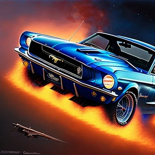 hyperrealism Drawing of 'Dark Blue 1968 Mustang GT 390' three quarter frontal aerial view, by gaston bussiere, greg rutkowski, yoji shinkawa, yoshitaka amano, tsutomu nihei, donato giancola, tim hildebrandt,oil on canvas, cinematic composition,Sharp detail,extreme detail,fit full head inside picture,16k