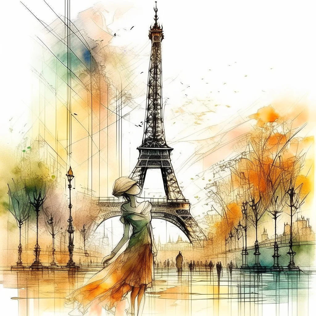 Digital watercolor disintegrating double exposure rain, woman with umbrella in Paris silhouette of Eiffel tower in distance. By Waterhouse, Carne Griffiths, Minjae Lee, Pieter Bruegel de Oude, Stylized watercolor art, Intricate, Complex contrast, soft Cinematic Volumetric lighting, pastel golden hour colors, wide long shot, perfect masterpiece, Baroque