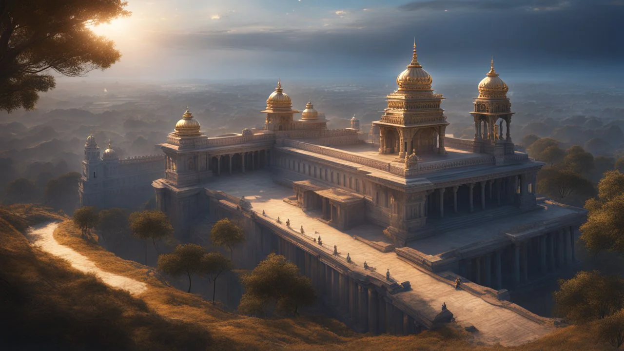 an indian city sprawling across a plain. royal palace. seen from a hill top. marble, blu and gold. fantasy. exquisite realism, a masterpiece, dark fantasy concept art, dynamic lighting, hyperdetailed, intricately detailed, deep color, Unreal Engine, volumetric lighting