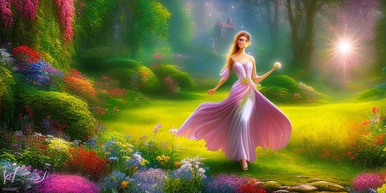 bright fairy, beautiful portrait, flowery landscape