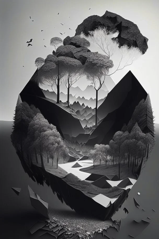 Beautiful landscape with trees, earth opens up and breaks down in black polygons.