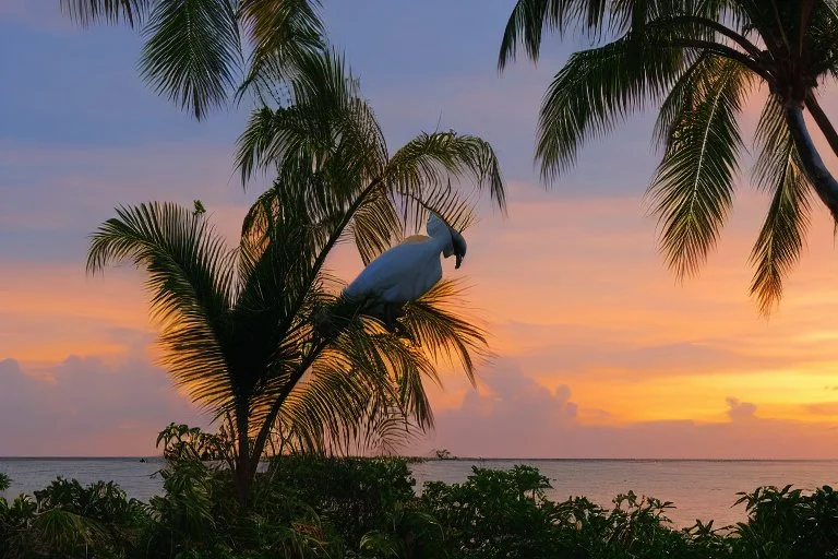 cockatoos, tropical paradise island, sunset