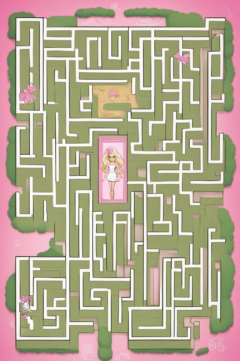 Barbie-themed maze for kids with a single, enchanting destination point, incorporating Barbie's signature style and charm into the design. 2d. easy to solve