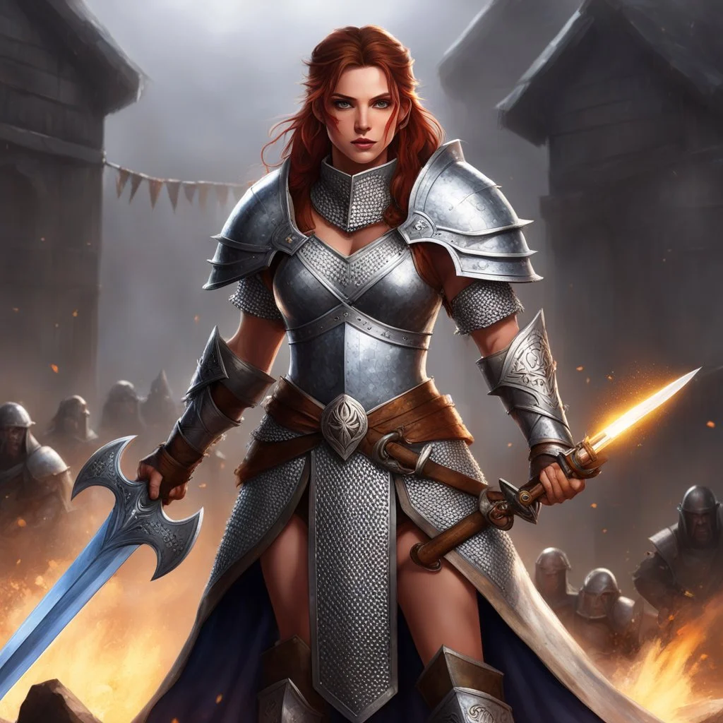 Chaingirl, a fierce warrior whose origins lie in the humble beginnings of a peasant life. Clad in nothing more than chainmail that glimmers in the light of the arena, she wields a massive two-handed warhammer with unrivaled skill and strength. her chainmail glistening in the spotlight, she crushes her opponents with a single devastating blow of her warhammer