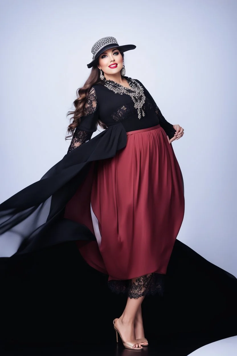 full body of very beautiful lady midi skirt and blouse , curvy hair with small hat with jewells and lace scarf ,standing idle happy pose in studio pretty makeup