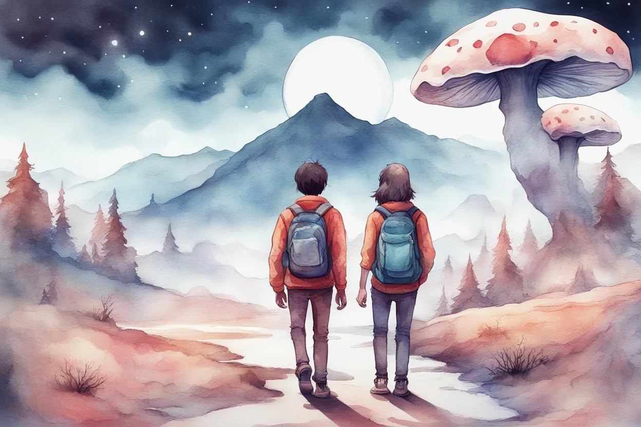 illustration concept art water color style for teenagers in other planet watching the moon and mountains having adventure two teenagers are walking mystery weird cretures mushroomsexiting