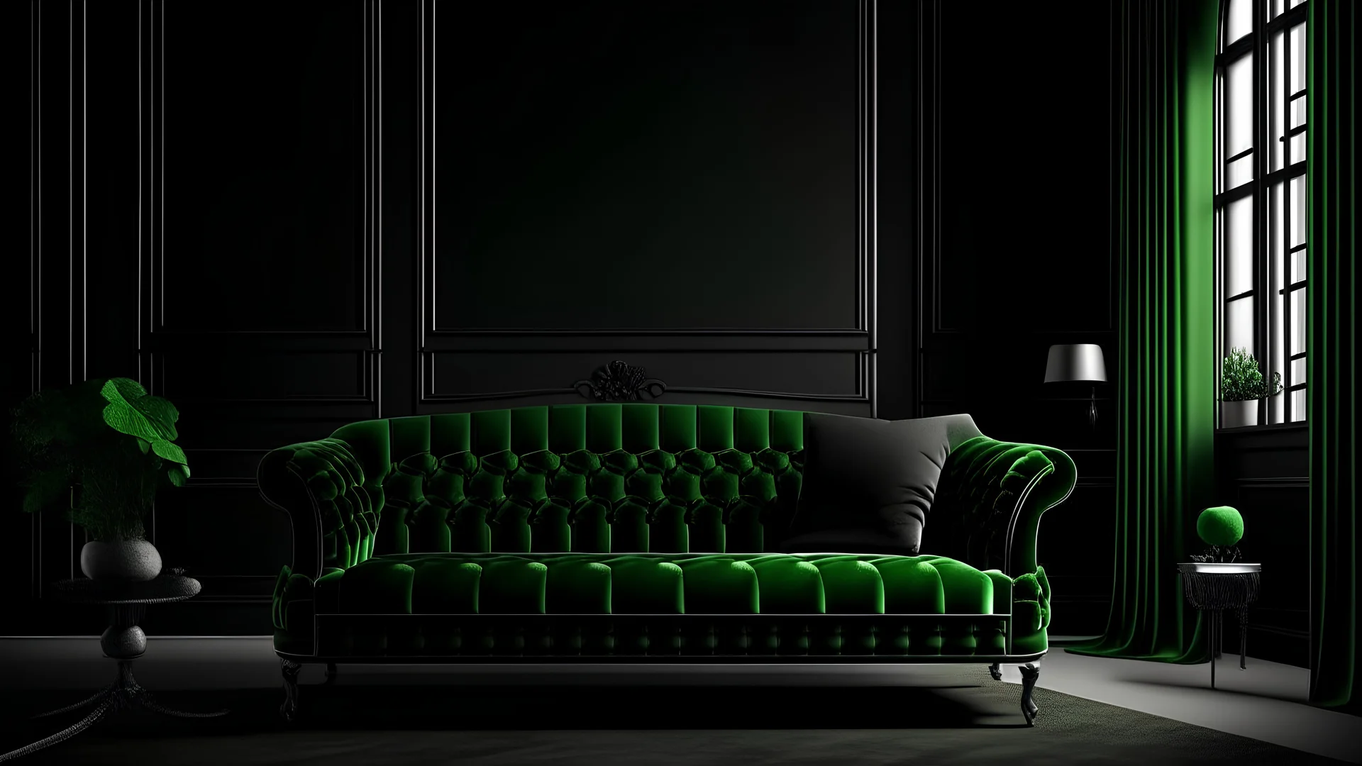 Black interior with green velour sofa, table, fur carpet and decor. 3d render illustration mock up.