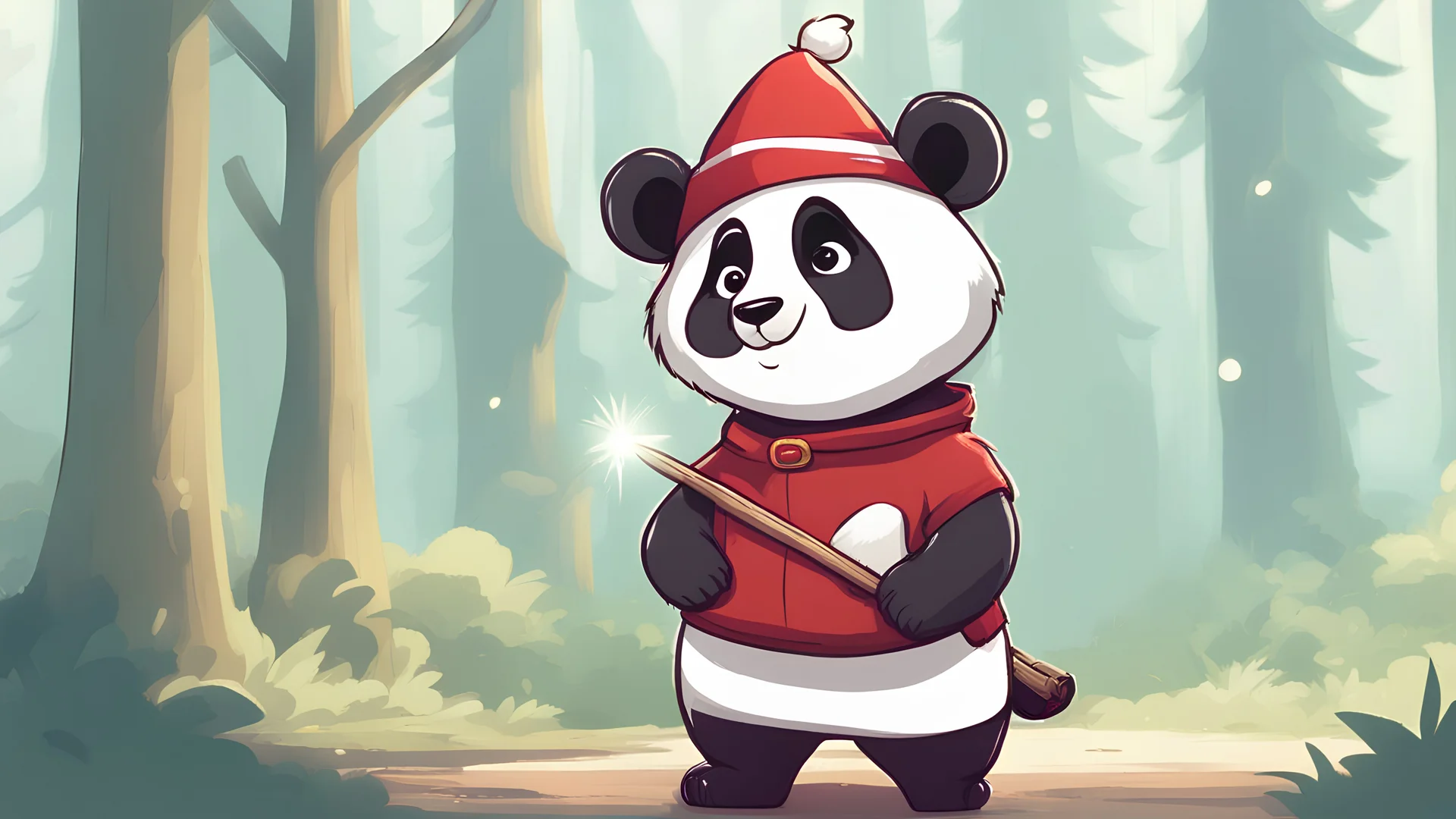 Draw me a picture in a cartoonish yet realistic style of a small panda with white fur standing in front of towering trees. The panda is wearing a red hat, holding a magical wand, and its eyes are sparkling with curiosity