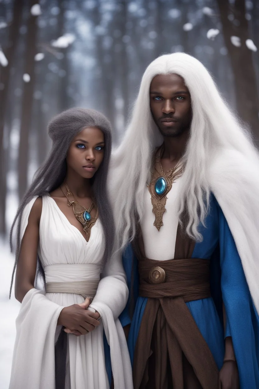 black-skinned young sorceress woman with blue eyes and straight long snow-white hair, holding hands with a brown hair and tanned skin man