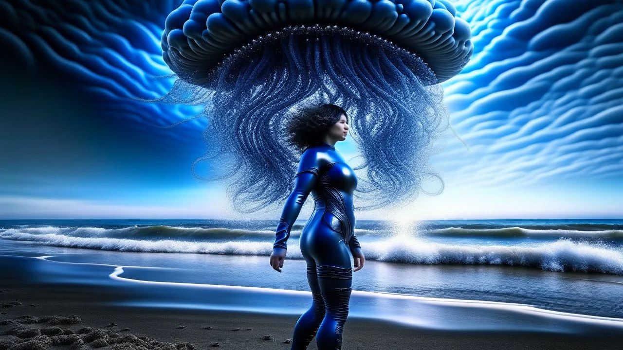 Wide-angle shot of a woman, standing to one side on a beach with huge waves, with dark hair in a silver robotic catsuit, many large blue jellyfish shaped like mushrooms with tentacles floating high up in the air, masterpiece, best quality, super detailed