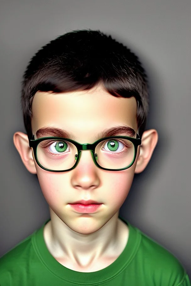 Book description: A boy with thin face, black hair and bright-green eyes. He wore round glasses. very thin scar on forehead