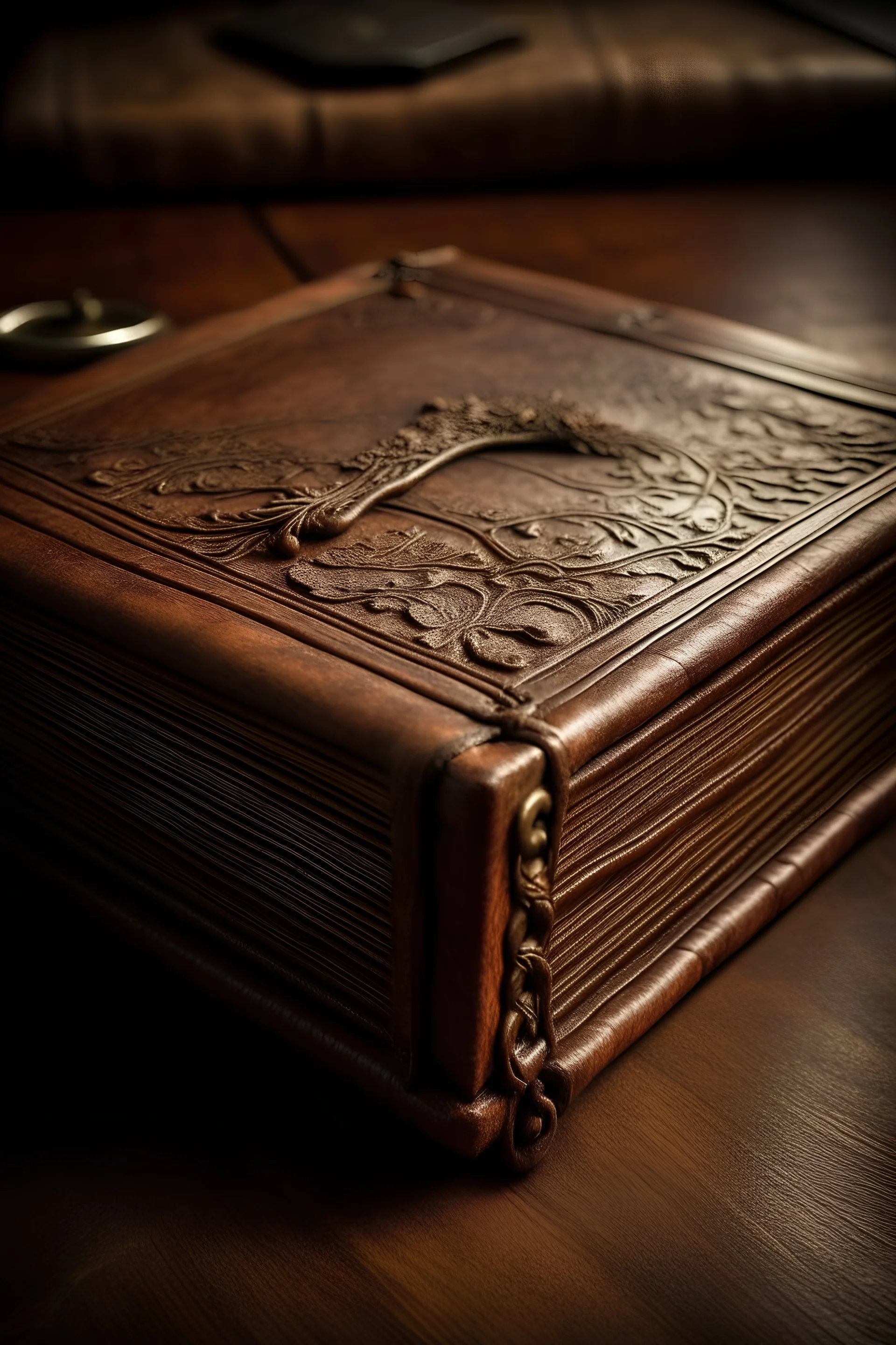 portrait of a brown leather bound book, an oak is embossed on the front cover, the book should look old and mystic, possibility to be locked