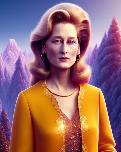 beautiful illustration of a young plum merryl streep, julianne morre, in the mountains, in the style viktor klint and moebius, rim light, vibrant moody colors, plain background, soft lighting, unreal engine