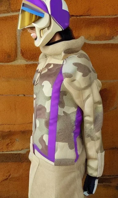 Camouflage colors are terracotta, cream and purple, lilac and Cream latex! European daft punk woman. Mantle is sewed of recycled Denim and sewed together of recycled polymer felt. Yellow(Munsell) areas. hint of orange as effect color!!Big bright purple/khaki felt tippet and cream or blue or lilac colored-hood. mantle is merged with satchel. . AKG-style headphones (gold rings!) is merged with small felt cap with small visor. Style: Haute Couture in 1998