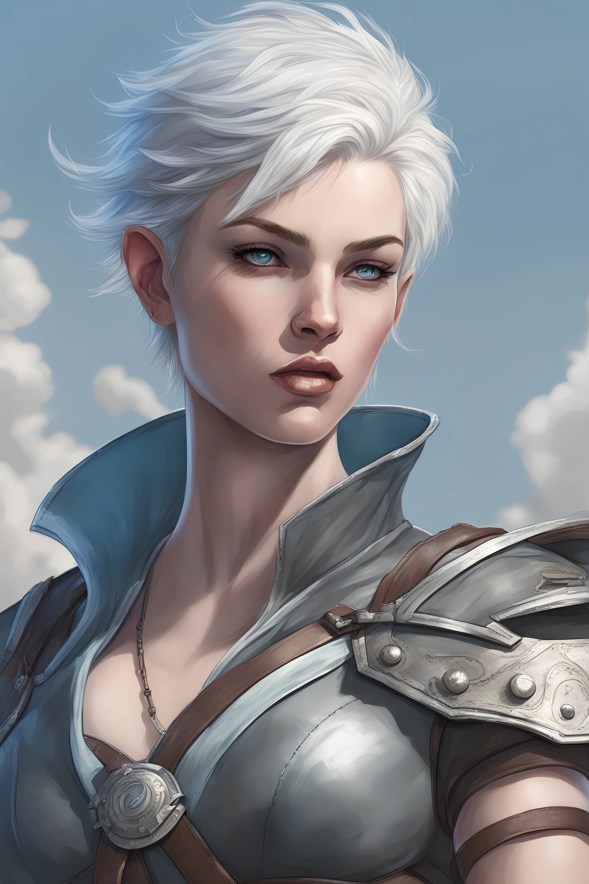 create a young female air genasi from dungeons and dragons, white short hair, undercut, light blue eyes, wind like hair, wearing hot leather clothing that also looks studded, she is smoking, realistic, digital art, high resolution, strong lighting