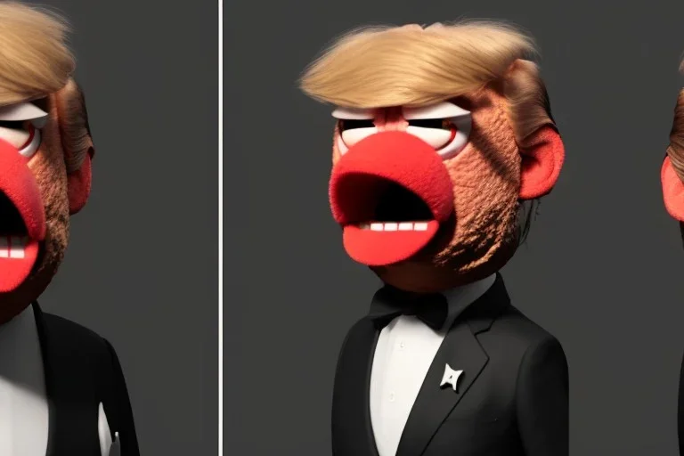 Angry muppet trump, round nose, in suit, eyebrows, spray tan mad