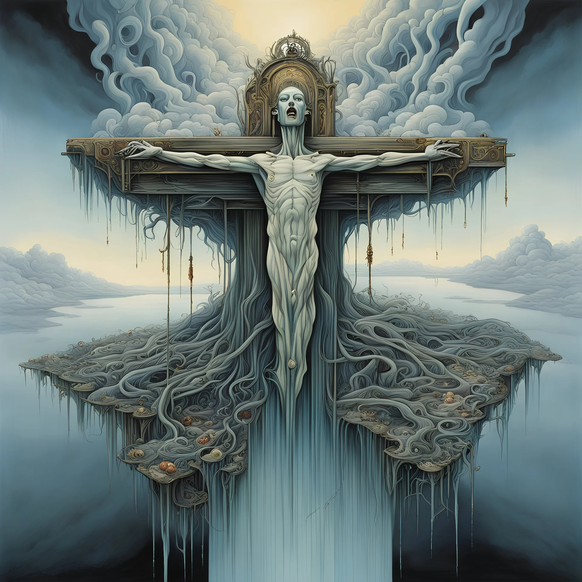 Straggle of mist-covered locks, great reflective crucifix folded into itself and driven underground, reflective, surrealism, by Gerald Scarfe, by Tomasz Setowski, by Johnson Tsang, stylish, vivid colors, asymmetric landscape, expansive, surreal, Socratic method, melting acrylics, album art, horror