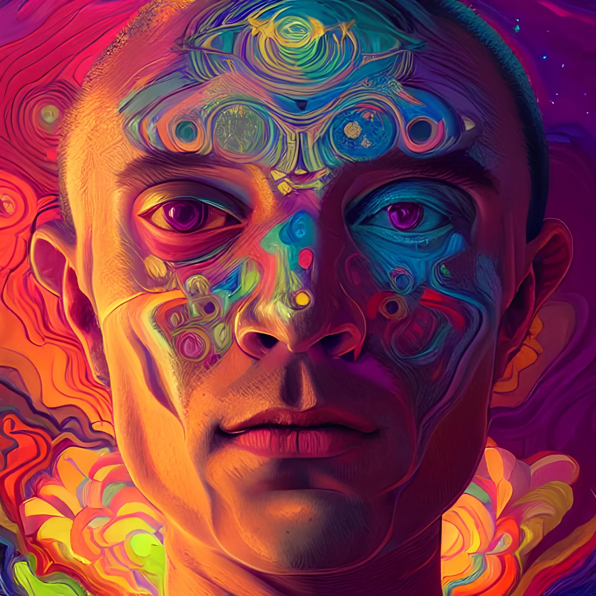 An extremely psychedelic experience, colorful, surreal, dramatic lighting, cosmonaut, LSD, face, detailed, intricate, elegant, highly detailed, digital painting, artstation, concept art, smooth, sharp focus, illustration, art by Sam Spratt, Dan Mumford, Artem Demura and Alphonse Mucha