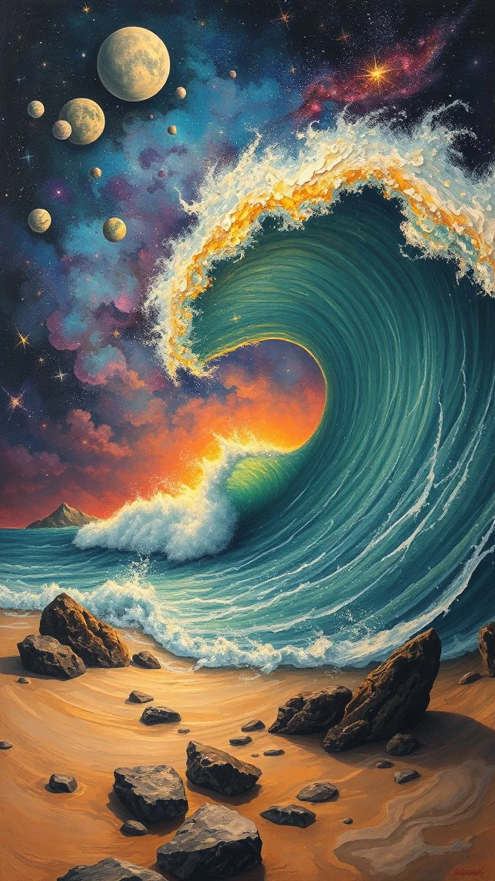 A TIME MACHINE in the universe RUNNING FROM IT TO THE HEAD wave and clods , Busch painting style,