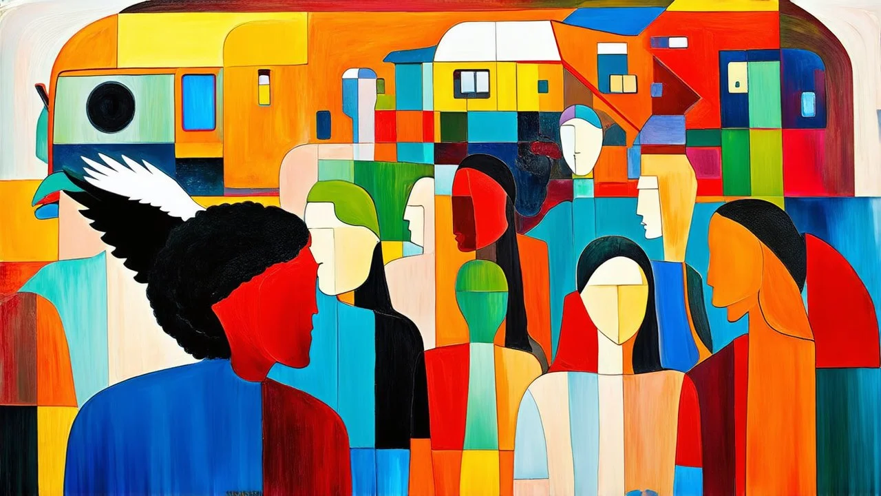 Journey Within the Mind, a painting of a group of people in different colors, a cubist painting, abstract expressionism, a surrealistic bird, eye, caravan