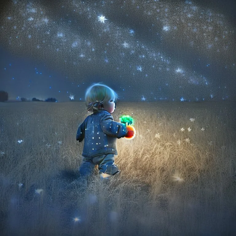 toddler with teddy bear in a field at night with lots of stars, looking at an apparition in the sky