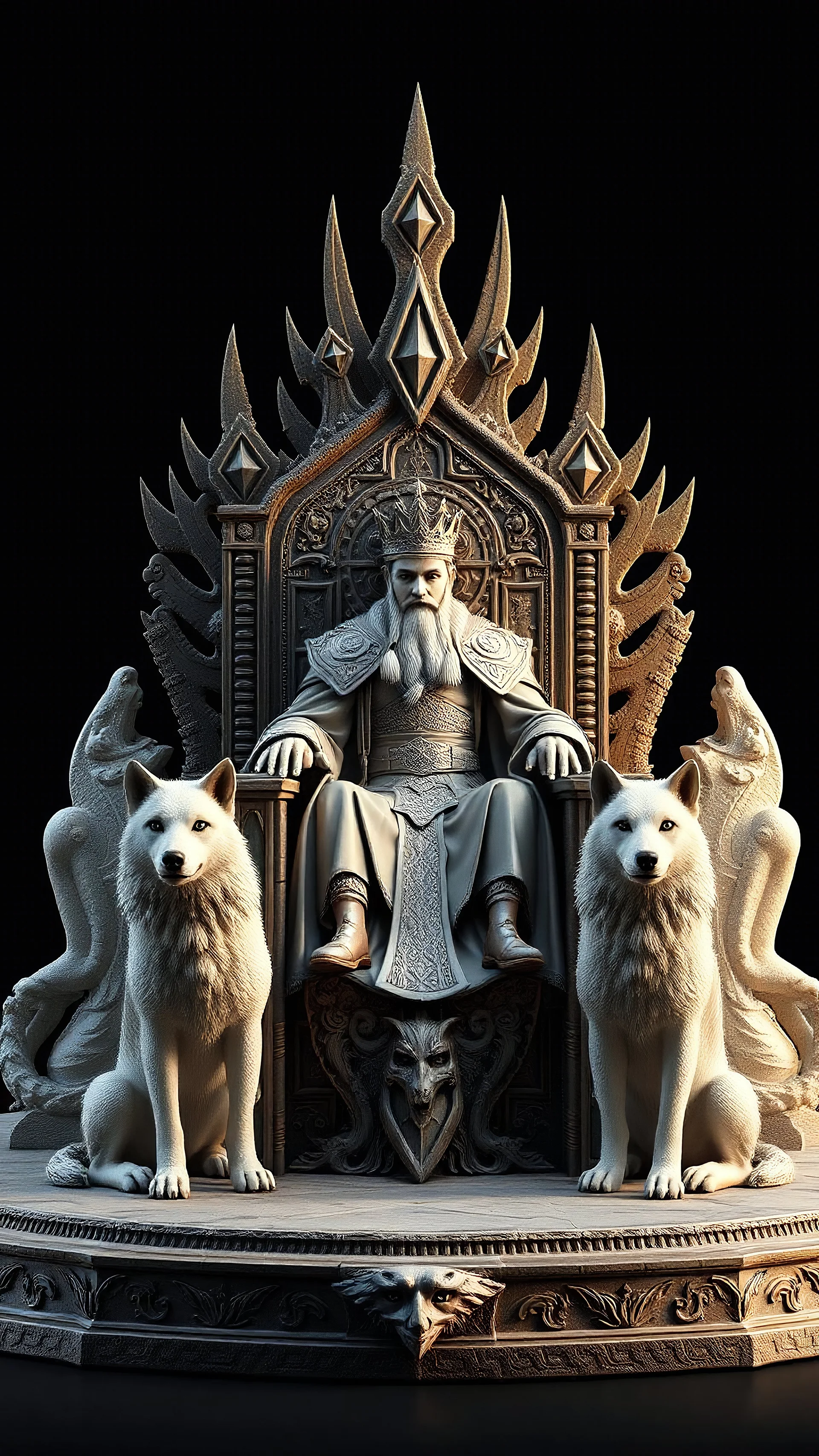 3D rendering of kris kuksi throne. A king setting on the throne, two wolfs beside the throne