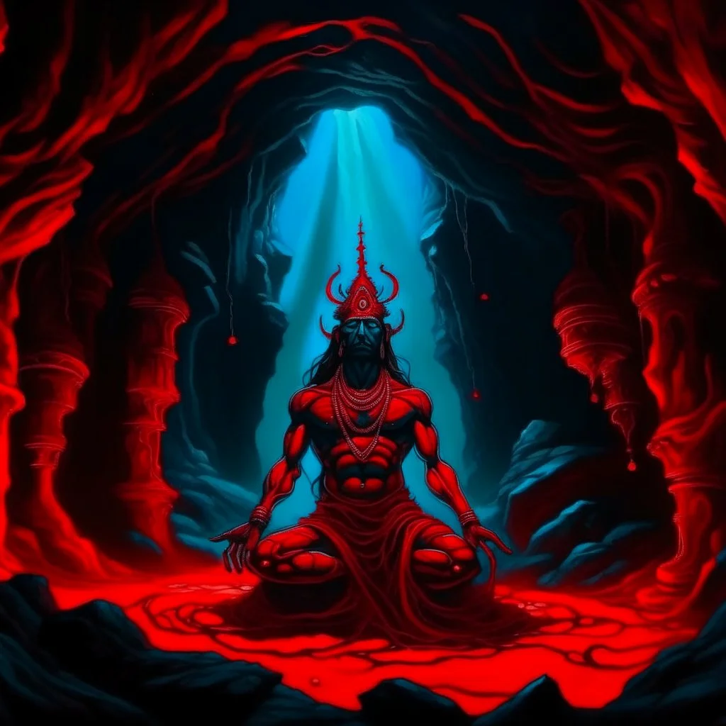 An painting of Hindu god YAMA in a cave, neon red colors, high detail, dark vibe