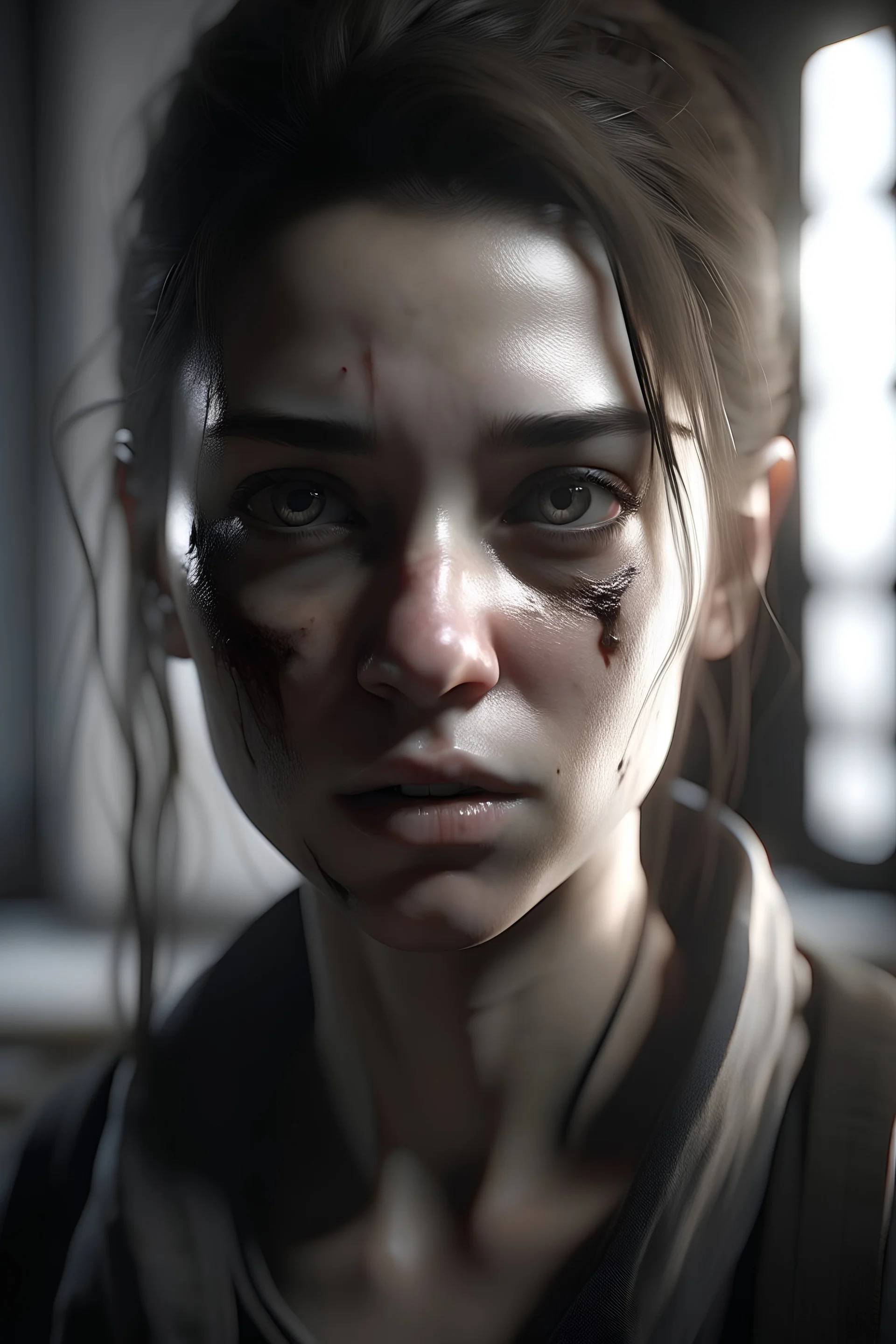 /imagine prompt: Realistic photo, personality: [Frame the shot in a medium close-up of Emily, her face displaying a mix of nervousness and curiosity as she glances at Officer Mark. Convey the inner conflict she feels, torn between wanting to know more and keeping her guard up] unreal engine, hyper real --q 2 --v 5.2 --ar 16:9