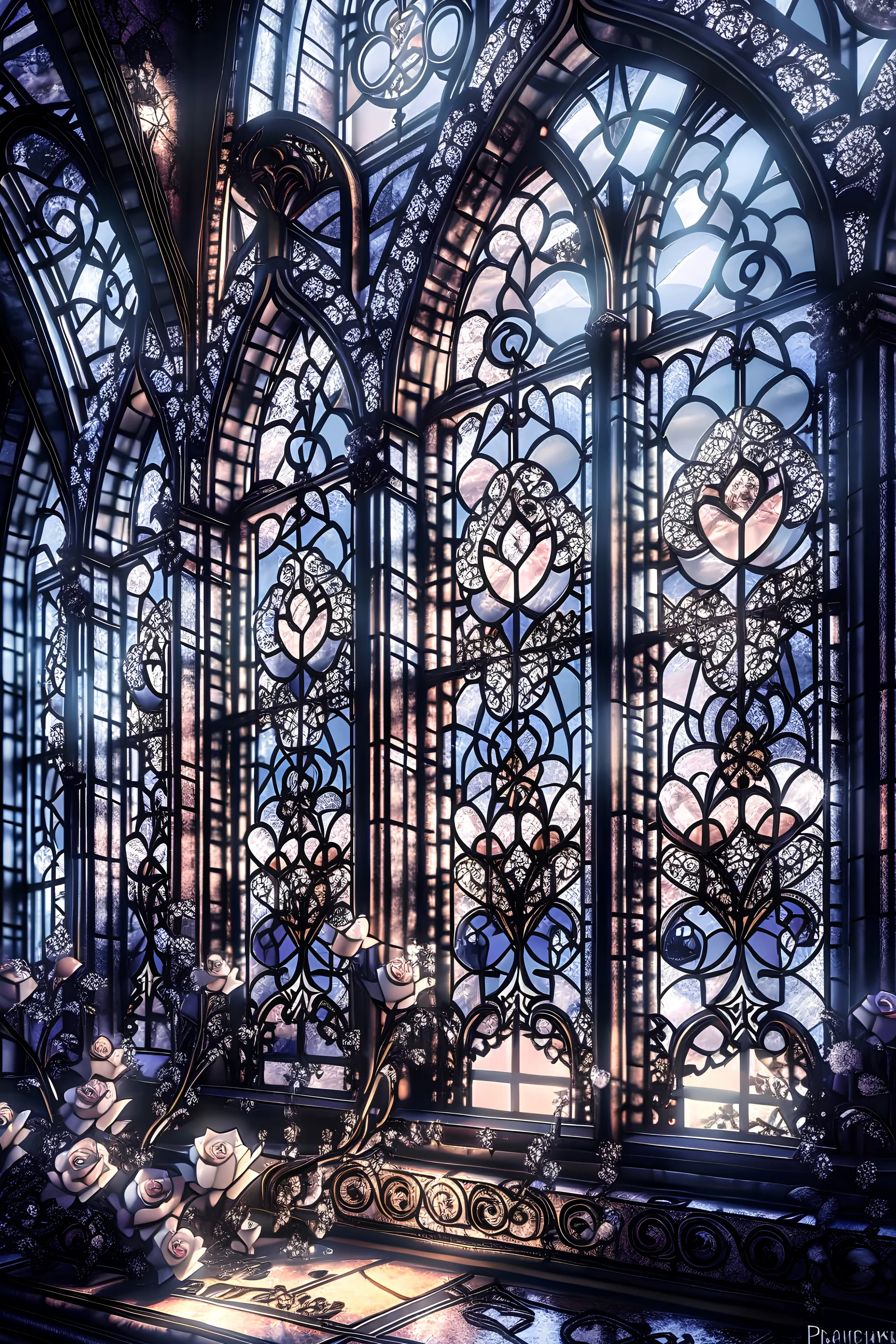 watercolor drawing gothic window, black lace, pearls, black roses, on a white background, Trending on Artstation ::{creative commons}:: Illustration :: Color Grading:: Filmic, Nikon D750, Brenizer Method, Perspective, Depth of Field, F/2.8, Lens Flare, Tonal Colors, 8K, Full-HD, ProPhoto RGB, Perfectionism, Rim Lighting, Natural Lighting, Soft Lig