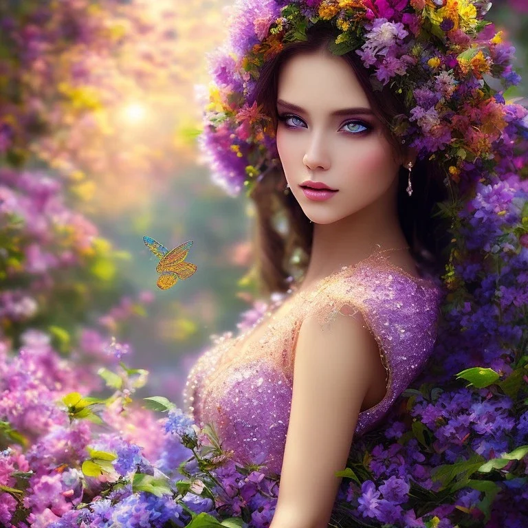 bright fairy, beautiful portrait, flowery landscape