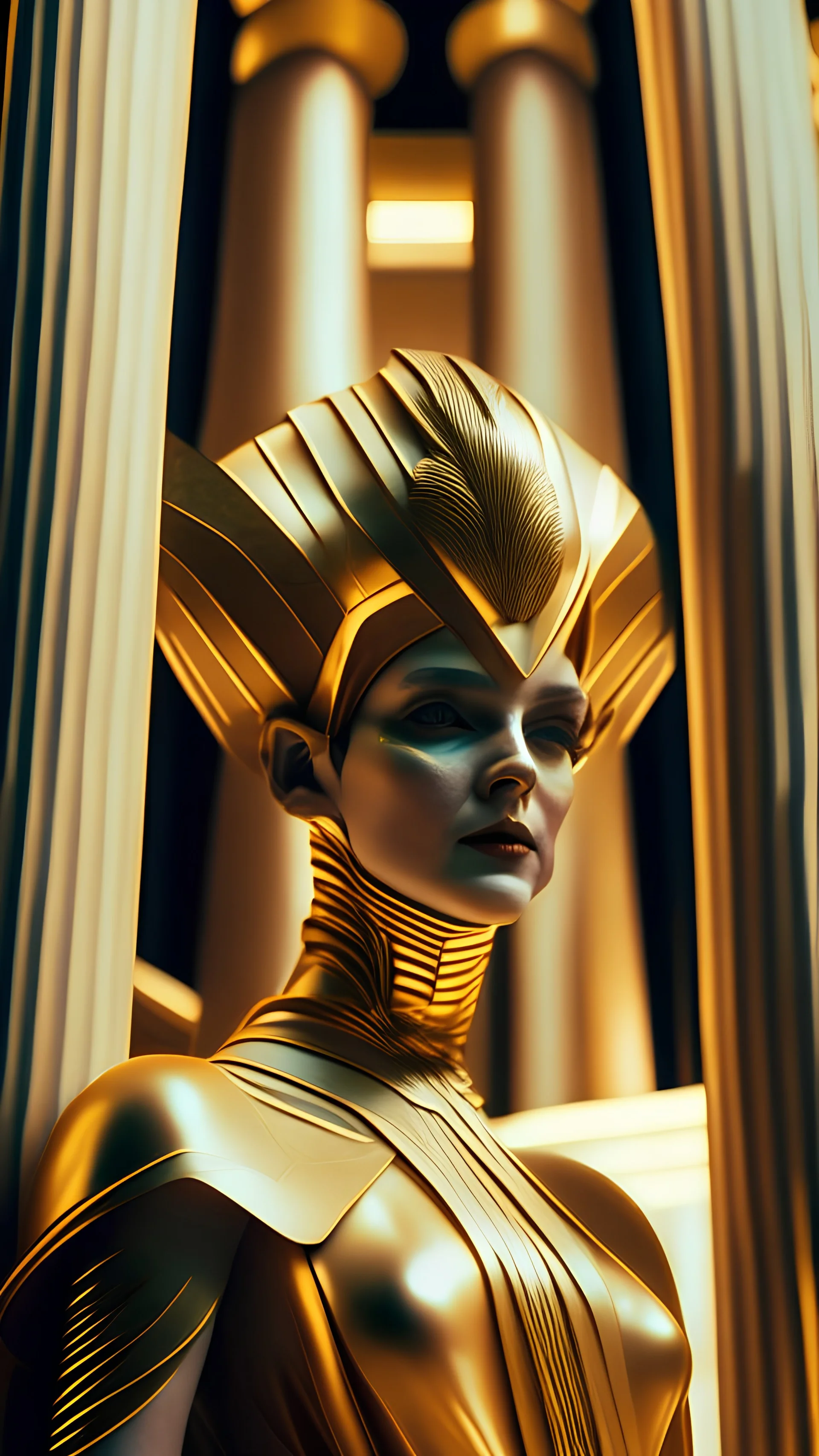 a close up of a person wearing a costume, an art deco sculpture, cg society contest winner, cinematic shot epic portraits, pure gold pillars, prize winning color photo, futuristic palace