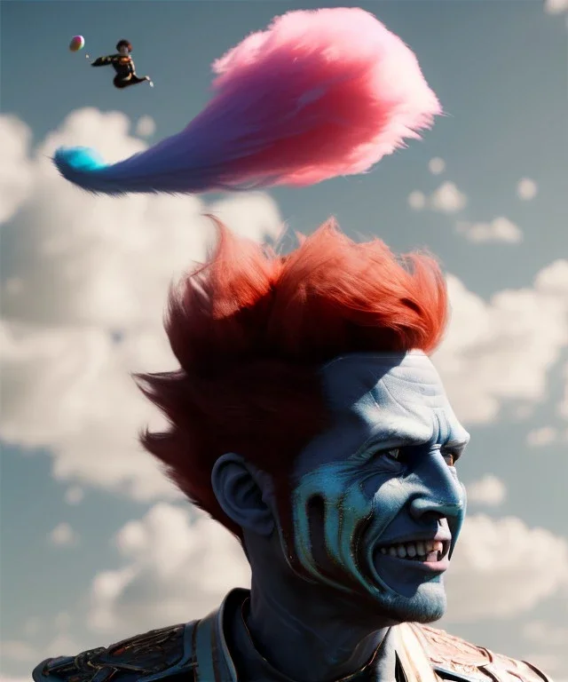 Ultra realistic speed clouds sky scene, wide angle view, strong men falling down with many Children, circus clothing style, feather color clothing, free jumping flying, many trinkets, hair monster, many jelly beans, balls, color smoke, smile, happy, extreme, wind, clouds sea, 20,000 feet altitude, stratosphere, soft color, highly detailed, unreal engine 5, ray tracing, RTX, lumen lighting, ultra detail, volumetric lighting, 3d, finely drawn, high definition, high resolution.