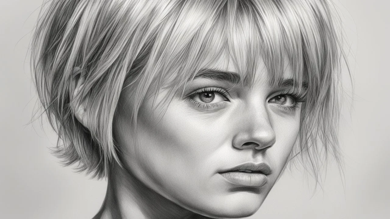 Black and white pencil sketch of 1990s blonde short hairstyle, tears, crying, photorealism, 3d, 64k, high resolution, hyperrealism, f/16, 1/300s.