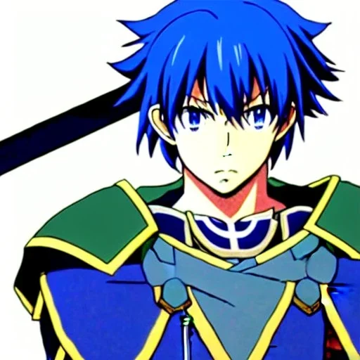 fire emblem, anime, screenshot, ova, 90s anime, marth, boy, blue hair, prince, sword, fantasy setting, fire emblem marth, fullbody, with background