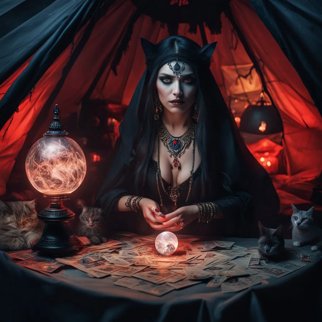 Hyper Realistic photographic-view of Wicked-&-Beautiful-Fortune-teller-with-glowing-red-eyes wearing black-beed-necklace-&-bracelet angrily Looking at her crystal-ball glowing magically & sitting in her tent with a horrifying-black-cat at dark-night decorated with fancy-traditional-feathers, tarot-cards-&-mini-crystals showing dramatic & cinematic ambiance