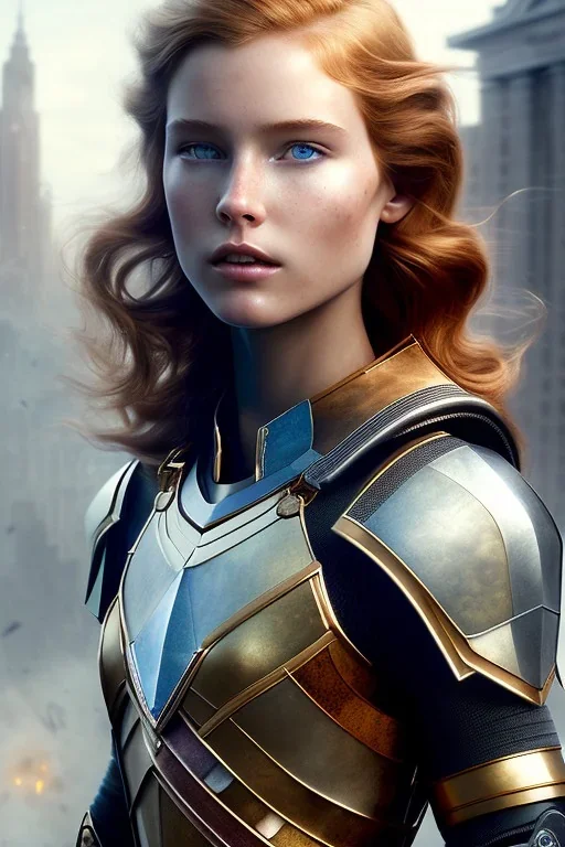 ultrarealistic, concept art, ruined city,__intricate fantasy armor__, no star, __angles__, 18 year old woman, strikingly beautiful,ginger hair, _colour_, (pale __skincolor__ skin:1.2), __camera__, _hair_, detailed face and eyes, medium breasts, sci-fi theme, freckles, dynamic pose, resolved expression, __accessory__, strappy outfit, (straps:1.1), sword in scabbard on left hip, (buckles, buttons, snaps, rings:1.0), haltertop style breastplate, detailed eyes, plump lips