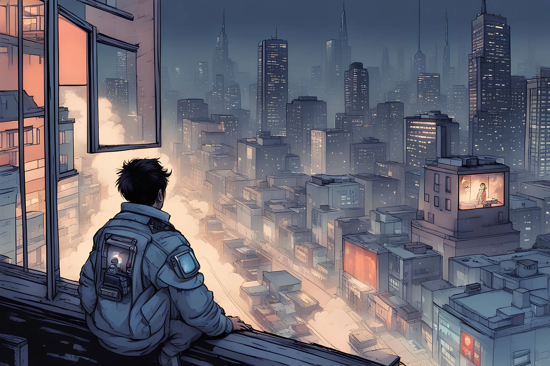 a man, a small robot cat, cyberpunk, looking out a window at the city, fog, hovering cars, comic book art style, shirt, jeans, night time,