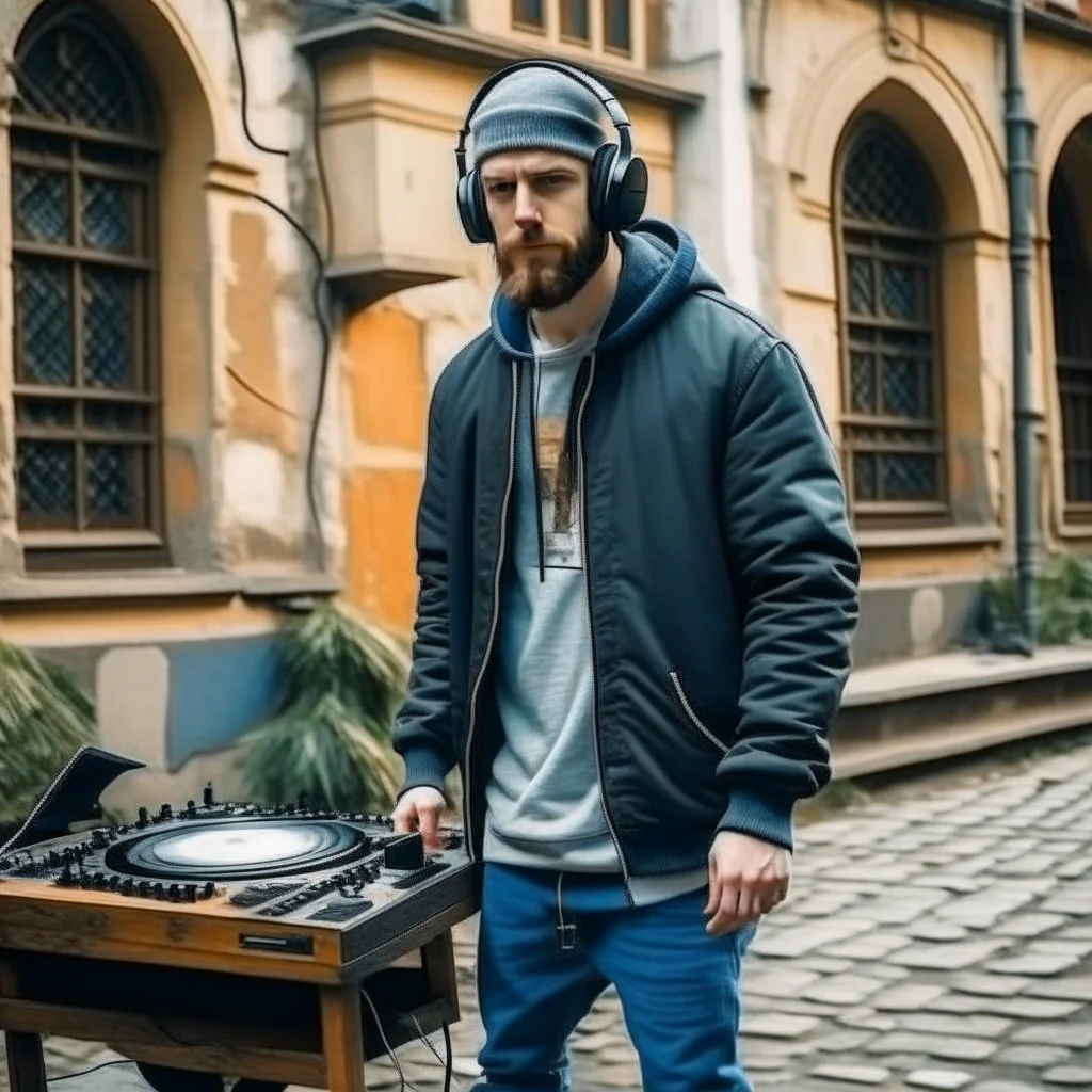 short beard man with cap, DJ play records ,at medieval city street background, full body