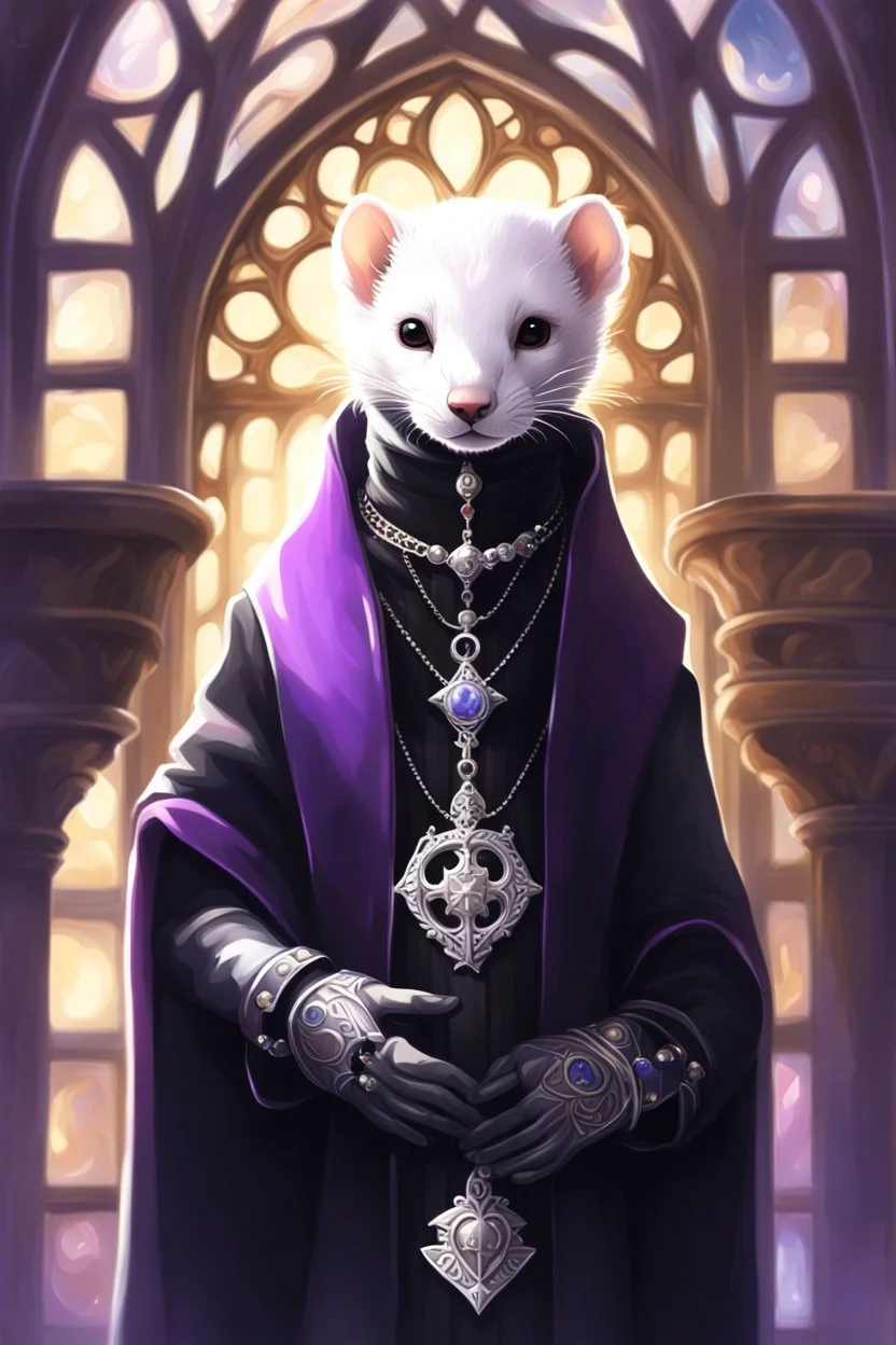 (anthropomorphic white ferret),dressed in ((cleric fantasy)) black clothes with silver holy ornaments, realistic anatomy, posing, cute face, fantasy church on background with warm sunshine lighty from behind, gloomy atmosphere:2.5, purple armband, The holy icon style, RTX, praying, close eyes