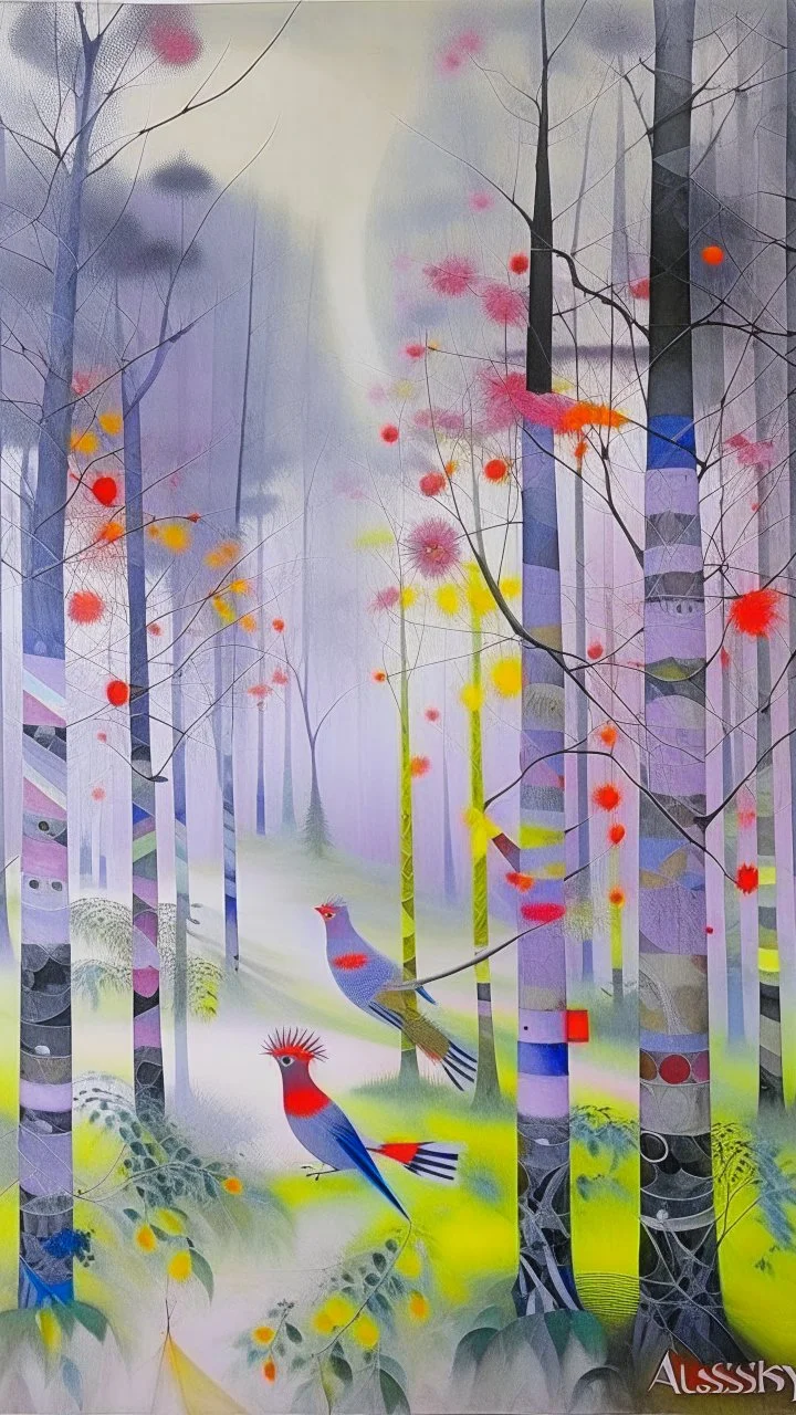 A light palish violet foggy forest with birds painted by Wassily Kandinsky